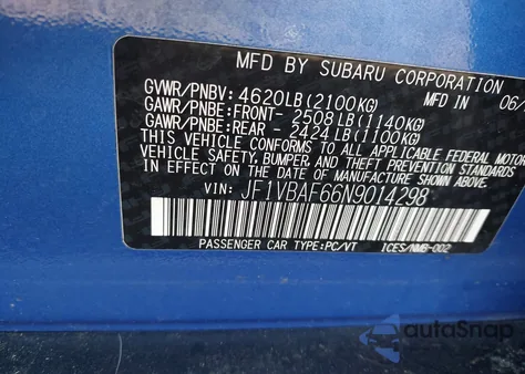 2022 Subaru Wrx Premium из США, поврежденный, VIN JF1VBAF66N9014298